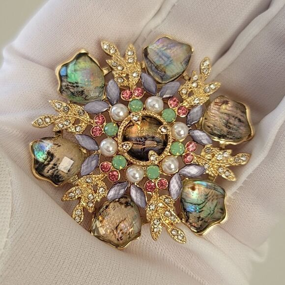 Anne Klein Brooch Gold Tone Faux Pearl Cabachons Multicolor Brooch #507 - Picture 10 of 16